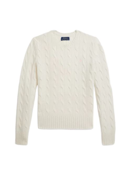 Maglia da bambina in misto lana e cashmere, lavorazione a trecce, girocollo, colore bianco. POLO RALPH LAUREN | 313877375009